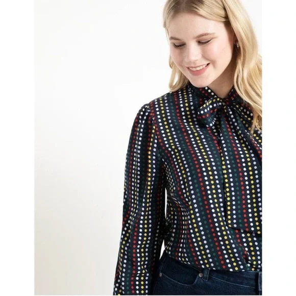 Eloquii Tie Neck Blue Multi Color Polka Dot Retro Career Office Blouse Size 16 - Picture 2 of 12
